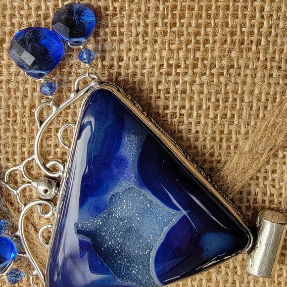Blue Agate Sterling Silver Pendant with Dangle Beads and 20-Inch Chain - Picture 7 of 9